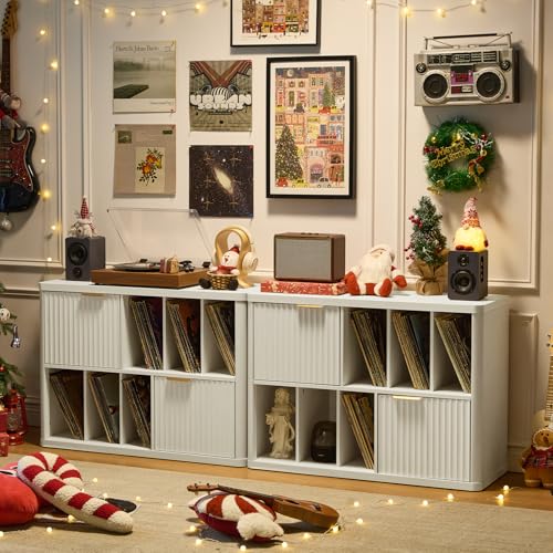 Image of LEYAOYAO Large Record Player Stand with Vinyl Storage Up to 450 Albums, Wood Fluted Record Storage Accent Cabinet, Modern Stereo Media Cabinets, Wide Turntable Stand for Living Room, Antique White