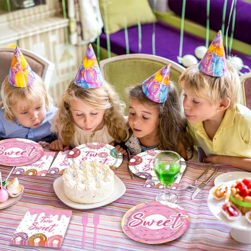 Image of ZOIIWA 96 Pcs Two Sweet Donut Birthday Party Supplies Girls Donut Themed Tableware Table Decor Baby Girl 2nd Birthday Paper Plates Napkins Disposable Dinnerware Party Favor for Baby Shower 24 Guests