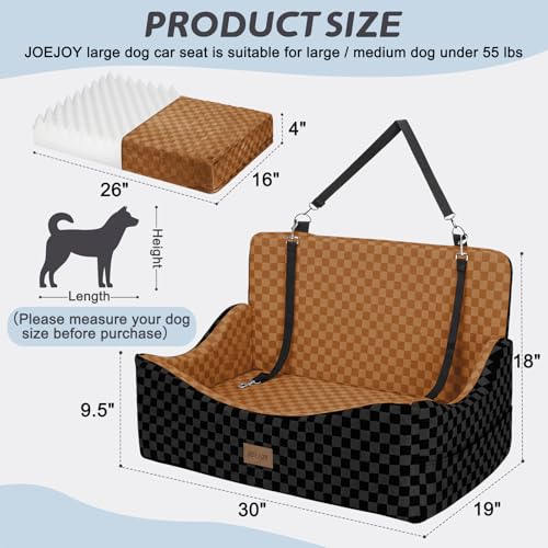 Image of JOEJOY Dog Car Seat for Medium /Large Dogs - Reversible Dual-Sided Travel Dog Car Bed with Memory Foam, Washable Pet Booster Seat for Dogs up to 55 lbs or 2 Small Dogs, 2 Safety Leashes, Brown