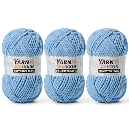 Image of 3 Pack Soft Chenille Yarn for Crocheting, Fluffy Chunky Crochet Yarn for Baby Blanket, (5.29oz /196.8yds) Fuzzy Velvet Yarn for Amigurumi&DIY Puzzle、Crafts、Scarf(3 Azure)