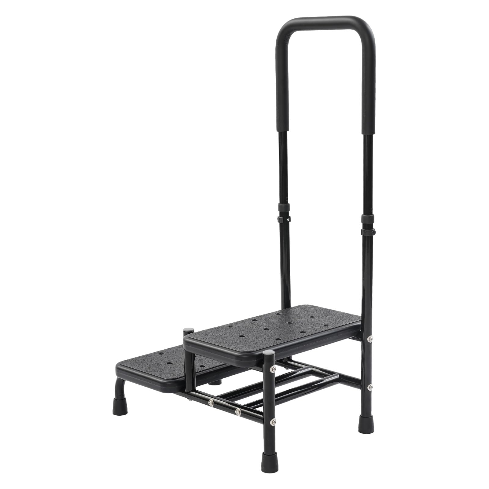 Sgabello con maniglia, 2 livelli, regolabile in altezza, nero | Sgabello a 2 gradini, con corrimano regolabile, portata fino a 135 kg, autoportante, per bagno, letto, cucina e casa