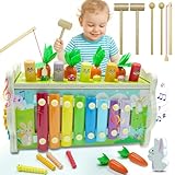 YM E-Bright Montessori Spielzeug ab 1 Jahr, 8-IN-1 Hammerspiel Holzspielzeug Motorikspielzeug mit Xylophon, Magnetisches Angelspiel Kinderspielzeug ab1 2 3 Jahre Geschenk für Mädchen Junge