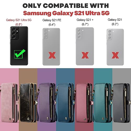 Defencase for Samsung S21 Ultra Case, RFID Blocking for Samsung Galaxy S21 Ultra Case Wallet for Women Men with Card Holder, Zipper Magnetic Flip PU Leather for Galaxy S21 Ultra Phone Case, Purple