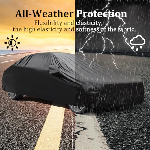 Image of BHIEE Car Cover Waterproof Soft Stretch Full Cover All Weather Protection for Indoor and Outdoor, Underground Garage, Car Showroom, Black, Fit up to 193 inch-208 inch
