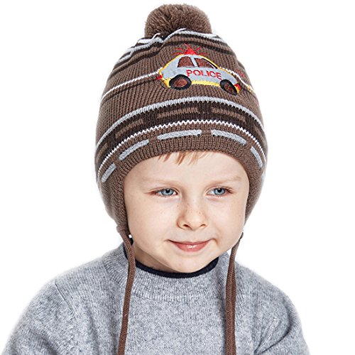 URSFUR Boys Knit Peruvian Beanie Kids Winter Earflap Cap Fur Ball Pom Ski Beanie Coffee