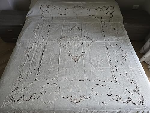 Copriletto in puro lino con ricamo Punto Ago a mano 235x270 cm ecrù color