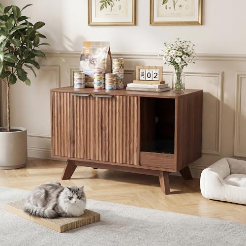 Image of Cat Litter Box Enclosure with Litter Collector,Fluted Hidden Litter Box Furniture with Scratch Pad,31 inch Wooden Cat Cabinet,Cat House,TV Stand,Side Table for Living Room,Walnut