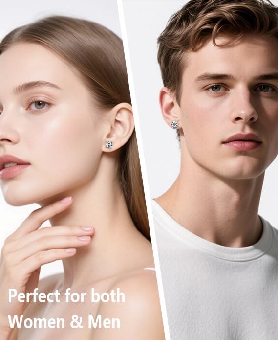 Moissanite Stud Earrings for Women Men : 0.6-4CT 18K White Gold Plated Solid S925 Sterling Silver Earring Hypoallergenic Dainty Flat Diamond Earrings Wedding Jewelry for Women Men D Color VVS1 Clarity