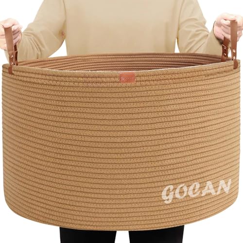 GOCAN Panier à linge extra large, 55,9 x 55,9 x 35,6 cm, en corde de coton, avec poignées, pour couvertures, jouets, salon, XXXL (pure jute)
