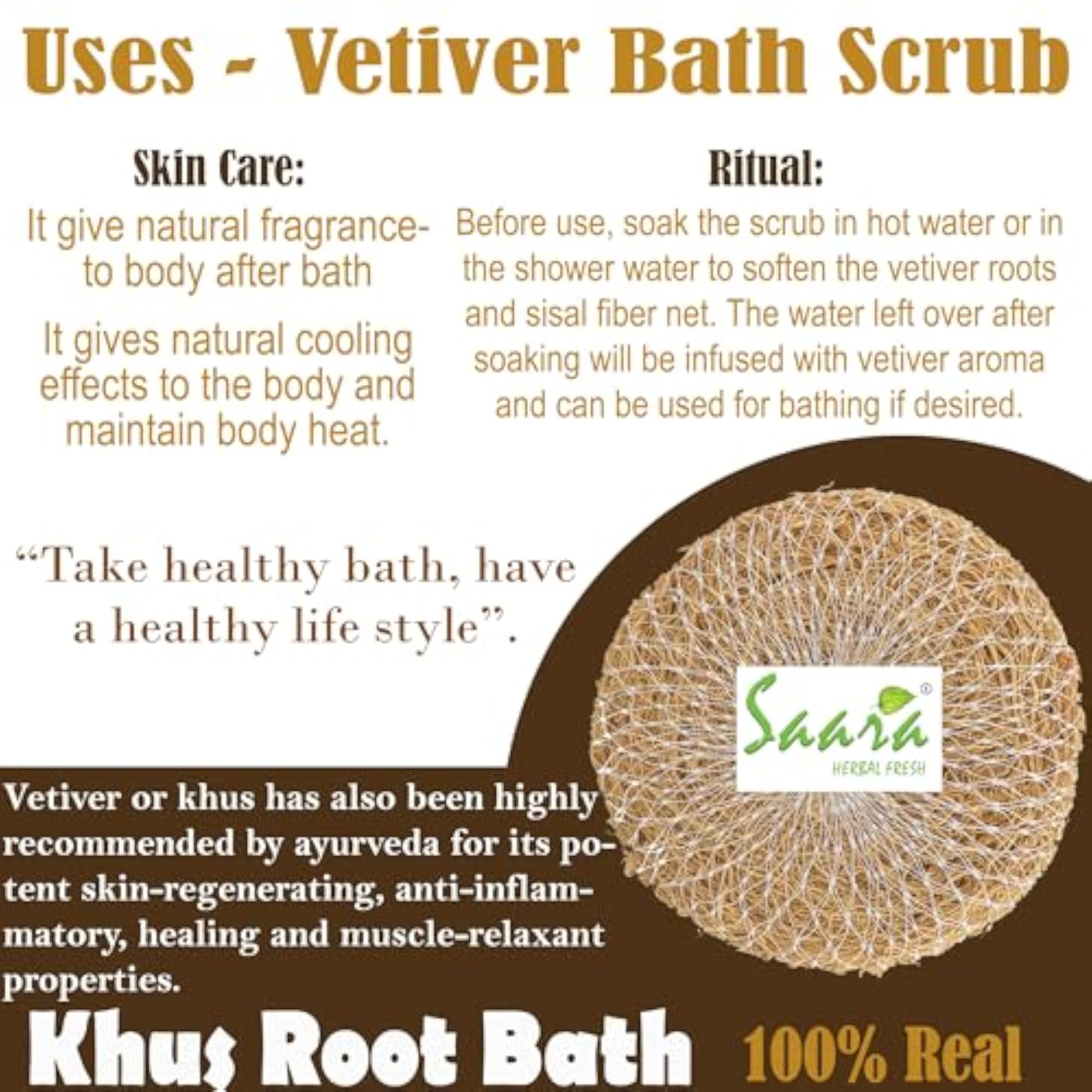 HERBAL FRESH Vetiver Bath Scrubber, Natural & Reusable