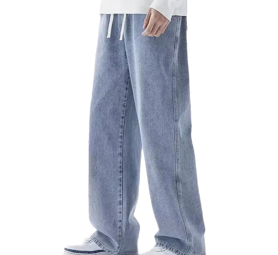 Men’S Streetwear Loose Jeans Mid Waist Straight Leg Denim Pants Casual Drawstring Closure Jeans
