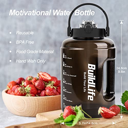 BuildLife-Water-Bottles-with-Straw-Flip-Cap-2-in-1-Lid-Large-Water-Bottle-with-Time-Markings-BPA-Free-Leak-Proof-Wide-Mouth-Drinks-Bottle25-Litre-Durable-Sports-Water-Bottle-Black