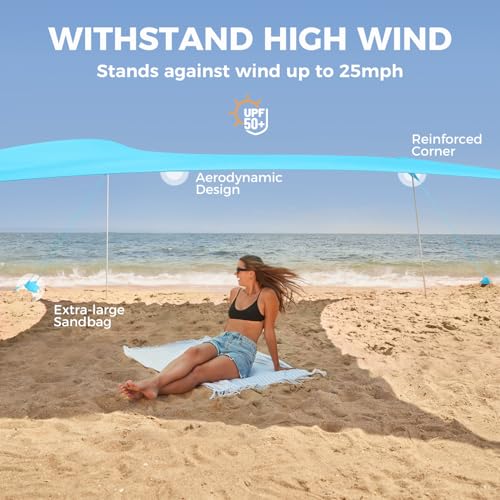 Image of WEKAPO Beach Tent Sun Shelter - Easy Setup Beach Canopy with 4 Sturdy Poles