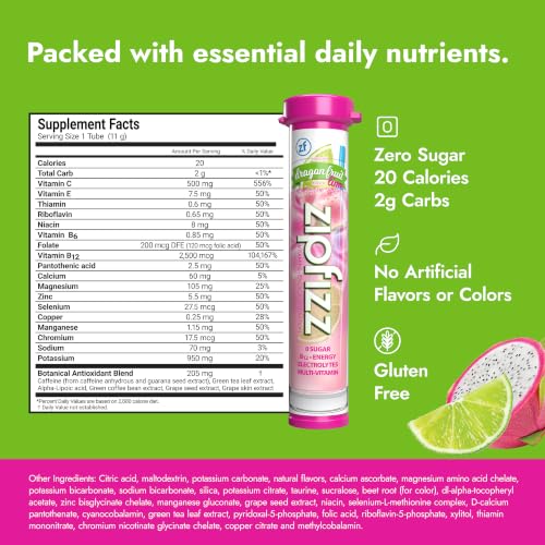 Image of Zipfizz Daily Energy Drink Powder, Dragon Fruit Lime, 20 Pack | 3-in-1 sustained energy, rapid hydration, and essential vitamins | sugar-free | electrolyte powder | contains B-12 & antioxidants