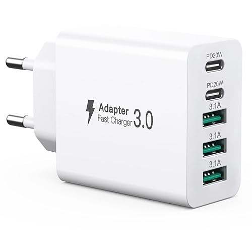USB C Ladegerät 50W, 5 Ports Mehrfach Stecker mit【2 USB-C und 3 USB-A】, 50W USB-A Netzteil Wand-Ladegerät, Fast Charge PD 3.0 Power Adapter Kompatibel mit iPhone 12/13/14/15/16/Samsung/Handys/Tablets - Weiß