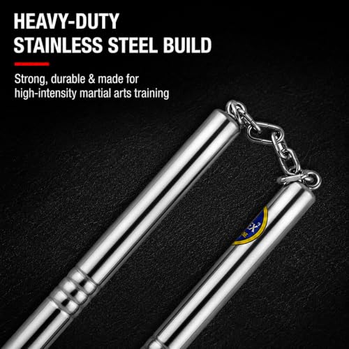 Image of VINEX Stainless Steel Fixed Nunchaku with Chain - Professional Grade Metal Nunchucks for Martial Arts Training, Polished Finish, Durable Stainless-Steel Build, Karate Practice Stick (Without Lock)