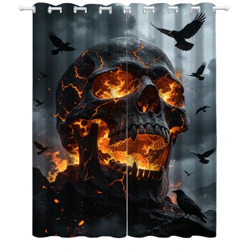 Lava Skull Curtains - Crow Window Curtains, Spooky Window Treatments Drapes 39 Inches Long, Gothic Style Home Decor Drapes 2 Panel Sets