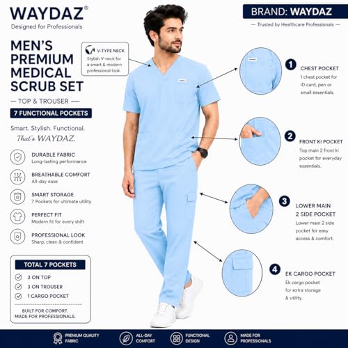 Image of Unisex Medical Scrub Suit Set, V-Neck Top with Pants, Short Sleeve, Polyester Cotton Blend, 7 Pockets, Regular Fit, Hospital Doctor Nurse Uniform