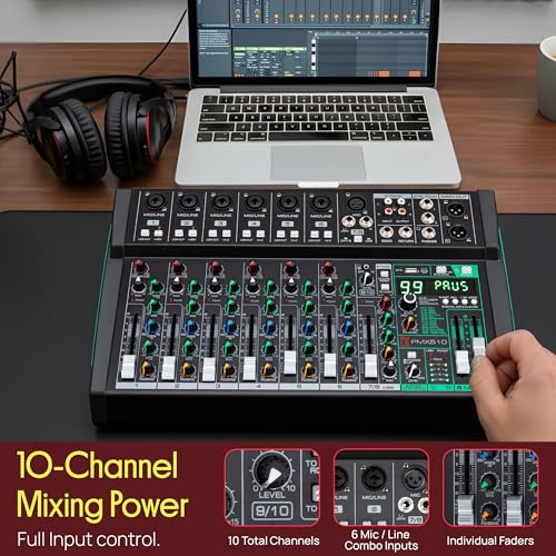 Image of Pyle 10 Channel Audio Mixer - 6 XLR Combo Mic Inputs, Bluetooth Studio Mixer /DJ Controller with DSP Digital Effects, USB-A In with MP3 Player, PC Recording, LED Level Meter, Smooth Dials and Faders