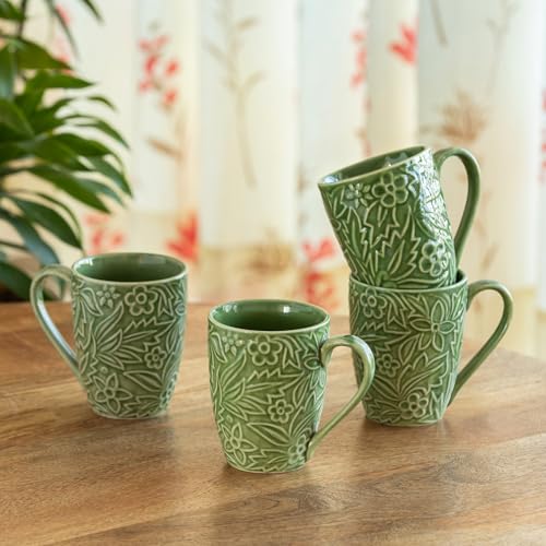 Image of ExclusiveLane 'Green Flora' Ceramic Coffee Mugs Set of 4 (Set of 4, 290 ml, Microwave and Dishwasher Safe, Hand-Embossed) | Ceramic Coffee Mug Coffee Cup Set of 4 Tea Mugs Set Tea Cups Ceramic Mugs