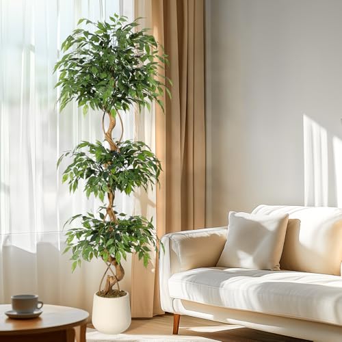 GarveeHome Ficus Artificial Tree with Curved Trunk，6 ft Faux Plant Fake Silk Trees with White Pot, Fake Ficus Tree for Home Decor, Artificial Plants