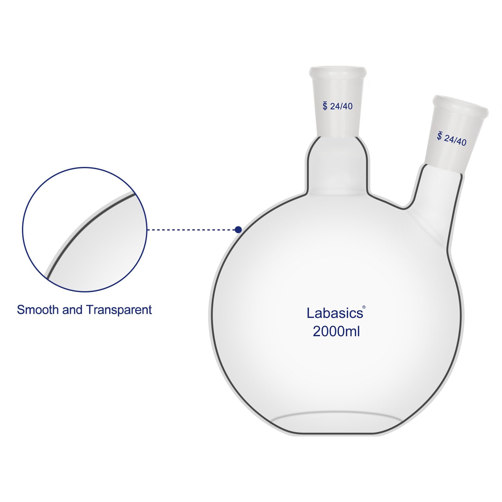 Labasics Matraz de Ebullición de Fondo Plano con 2 Cuellos, Junta 24/40, Vidrio de Borosilicato, Resistente al Calor para Destilación y Laboratorio, 2000ml