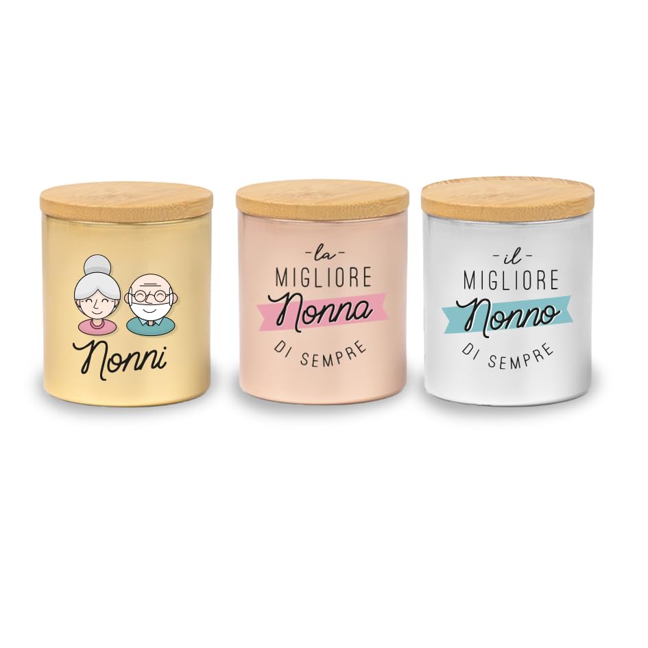 ''I migliori di sempre'' Set di 3 Candele Profumate Personalizzate con nome con Coperchio in Bambù, Barattoli Decorativi, 7,5x6,5 cm Idea regalo Natale Festa dei nonni Nonno Nonna