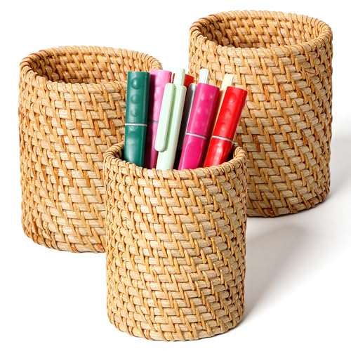 Oqqlin 3 Pcs Rattan Pencil Holder, Handmade Pen Cup Durable Cylinder Makeup Brush Holder...