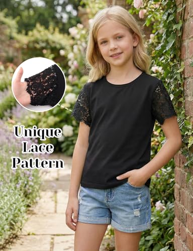 Image of Noomelfish Girls Lace Short Sleeve T-Shirts Kids Summer Cute Tops Blouse(5-12 Years)