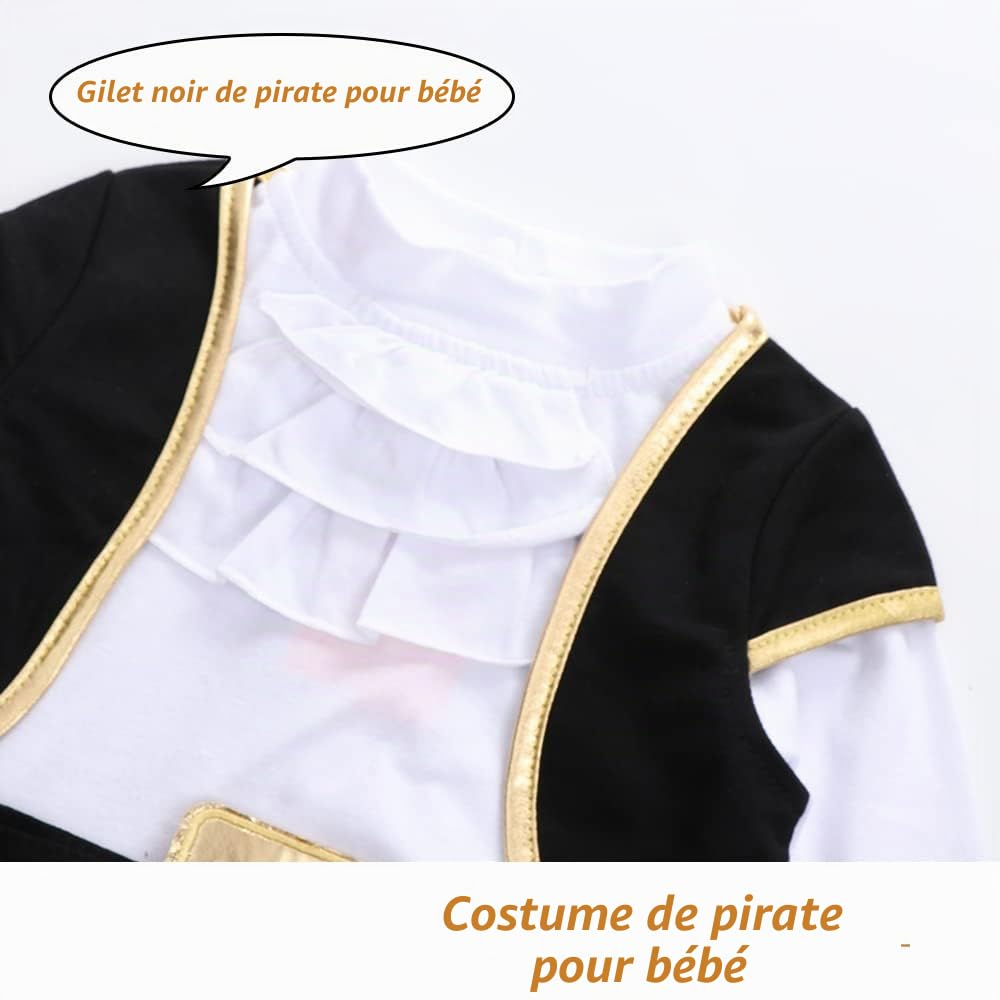 Costume de pirate pour bébé garçon - Costume d'Halloween - 4 pièces - Barboteuse, ceinture, gilet et chapeau - 12-36 mois