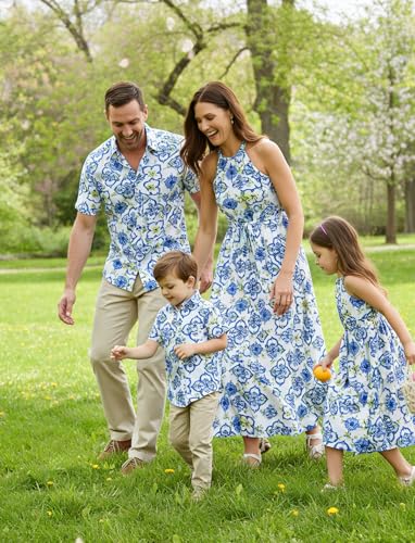 Image of PATPAT Family Hawaiian Matching Outfits - Mommy and Me Vacation Outfits | Halter Sundresses and Button Down Shirts,Caribbean Vacation Summer Tropical Outfits,Hawaiian Boho Tropical Floral Printed