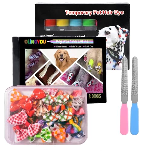 Image of Pet Grooming Kit- 6 Colors Washable Dog Hair Dye Markers, 8 Colors Nail Polish, 20 PCS Cute Dog Bowknot Hair Bows ,Dog Beauty Care Supplies for Safe & Fun Styling,Birthday Gifts to PET Lovers Set