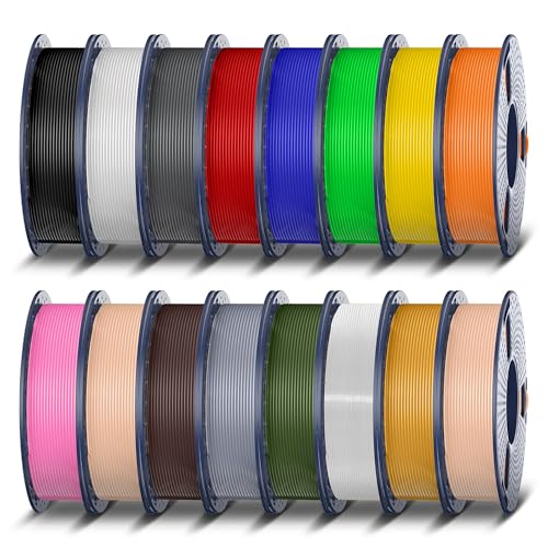 Image of TECBEARS PLA 3D Printer Filament Bundle, 250g PLA Filament, 0.25kg /Spool,Total 4kg, 16 Packs, Black+White+Grey+Red+Blue+Green+Yellow+Orange+Pink+Skin+Chocolate+Silver+Olive Green+Transparent+Gold+Wood