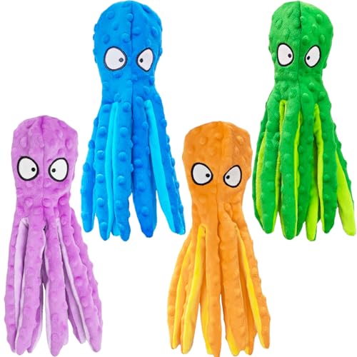 ATZNZIK 4 Pack Squeaky Dog Toys - Octopus Plush Dog Toys for Aggressive Chewers No Stuffing Crinkle Durable Interactive 4 Colors