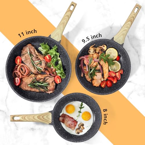 Image of GiPP Non Stick Frying Pan Set - 8 inch 9.5 inch 11 inch Granite Nonstick Skillets, Non Toxic, Omelette Pan with Stay Cool Handle, Induction Compatible, PFAS /PTFE /PFOA Free, Grey