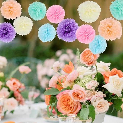 Image of BestoFun 16Pcs Pastel Party Decorations - Pom Poms, Paper Flowers for Wedding, Birthday, Engagement Receptions, Bridal Shower