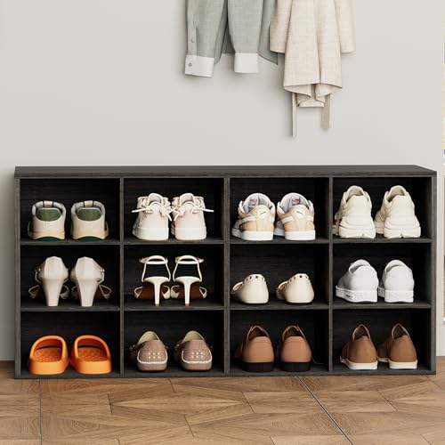Aenuert 12-Cubby Shoe Rack, 3-Tier Wood Shoe Organizer, Multifunctional Shoe Organizer Bench for Entryway, Mudroom, Hallway, Closet,36.22 * 11.81 * 17.72 Inch,Black