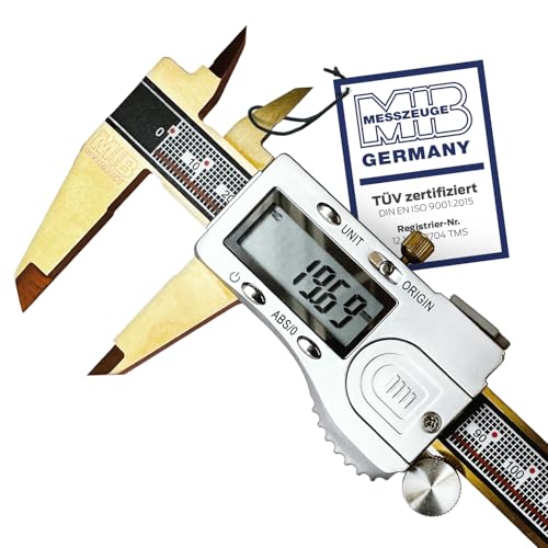 MIB Digitaler Messschieber mit Absolut-System & TiN-Beschichtung DIN 862 200mm | Präzisionsmessgerät | 4-fach Messung | Kalibrierung | Digitalwerkzeug Set mit 3V Batterie & Kunststoffbox