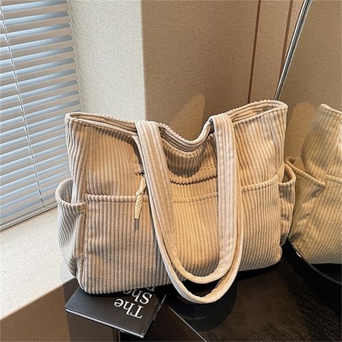 Image of Corduroy Tote Bag for Women, Multiple Pockets Large Hobo Shoulder Bag for Office & Shopping, Zipper Casual Handbags