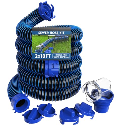 DUMPMAN 20 FT RV Sewer Hose Kit, Sewer Hose for RV Camper - Includes 2 Attachable 10 ft Sewer Hose with Swivel Fitting, 90 Degree Clear View Sewer Adapter, and 4 Storage Caps