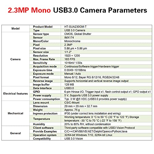 Image of USB3.0 2.3MP Machine Vision Industrial Camera Global Shutter Monochrome | HT-SUA230GM-T Area Scan Sensor 1 /1.2 inch C-Mouth Supports Windows and Linux SDK 1920x1200 165fps