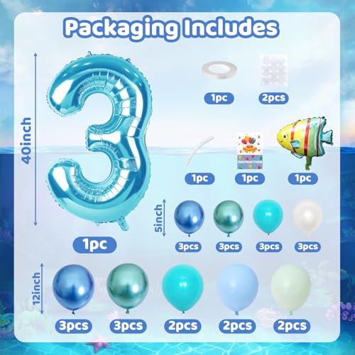 Image of Blue Number 3 Balloon 40 Inch Ocean Under the Sea Number Three Foil Balloons Tower with Shark Bubble Fish for Boys Third 3rd Birthday Party Decor Green Underwater Digital Aluminum Balloons Stack