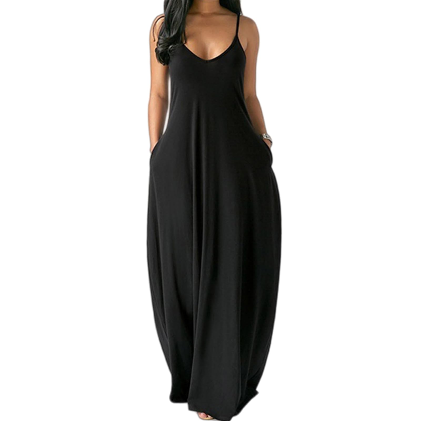 MAINPICK Vestido largo de verano para mujer, con tirantes delgados, con bolsillos, talla grande, holgado, liso, vestido largo de verano