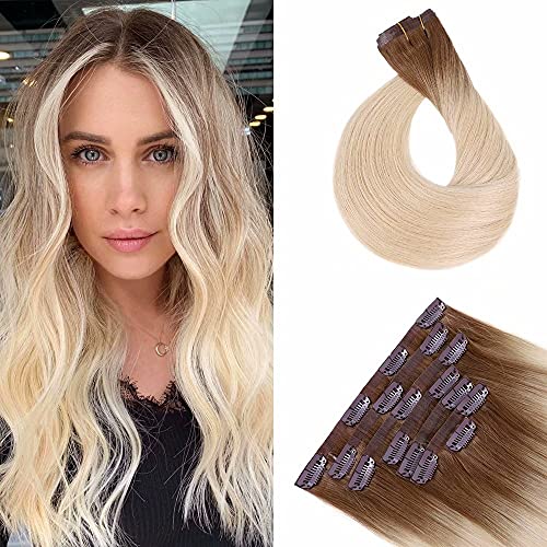 20 Inch Brown Ombre Seamless Clip In Human Hair Extensions, Double Weft Remy Hair Extension Clip On Human Hair, 7pcs, 110g