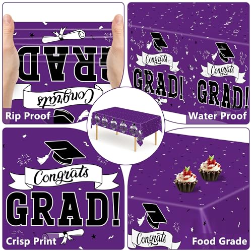 Image of 2 Pcs Graduation Tablecloth, 108 inch X 54 inch Plastic Graduation Decorations 2026, Rectangle Purple Table Cover for Grad Decor Party Supplies, Disposable Tablecover for Class of 2026 Congrats Grad for Kids