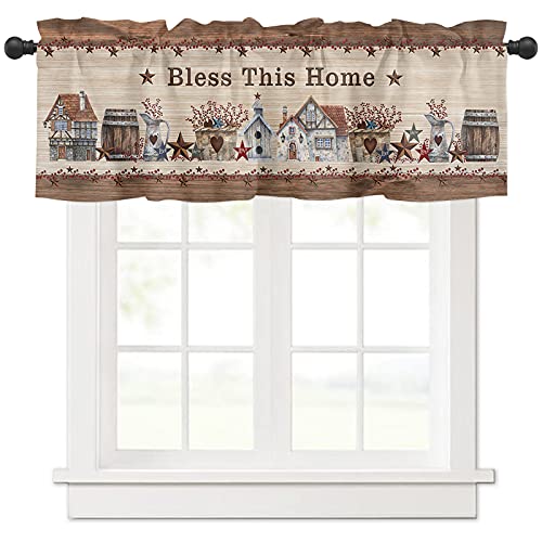 Window Valance Rod Pocket Short Curtain Panels Farm Retro Barn Berry And Star Kitchen Valances Curtains, Bless This Home Vintage Wood Texture Window Treatments Drapes For Living Room Bedroom Decor #TOP7