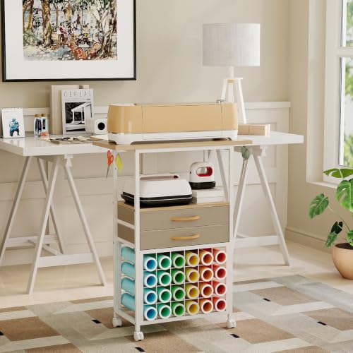 Image of VENNQD Organizer and Storage Stand Compatible with Cricut Machines,Rolling Storage Cart /Shelf with 24 Vinyl Roll Holders,2 Fabric Drawer,Accessories Holder,Tool Hook for Craft Room Home (White Maple)