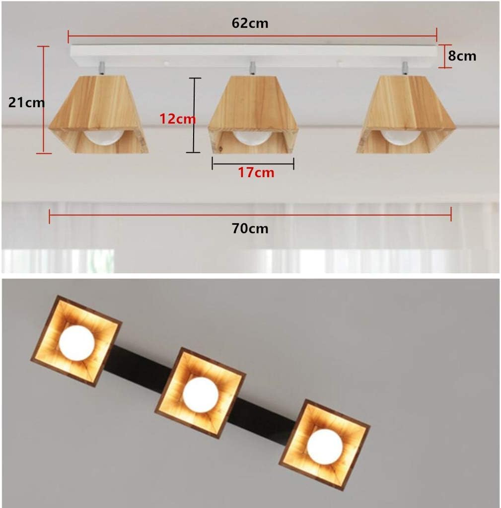 Lampa sufitowa z litego drewna, uchwyt lampy z kutego żelaza / drewniany klosz, 3 obrotowe reflektory punktowe, 3 gniazda E27, lampa wisząca w stylu retro, kompatybilna z żarówkami LED, czarna