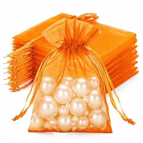 Image of joycraft 50Pcs Orange Organza Bags - 2.7x3.5 Inch Drawstring Halloween Pouch with Mesh, Small Organza Gift Pouch for Thanksgiving, Wedding Favors, Jewelry Display, Candy Bags