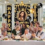 Custom Photo Birthday Banner Set Personalized Name Door Banners Fabric Backdrop Birthday Decorations Party Supplies Background for Indoor Outdoor Front Door Sign(Black and Gold) - Image 5